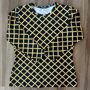 J. McLaughlin Top S Black Yellow Lattice Print Long 3/4 Sleeve Catalina Cloth